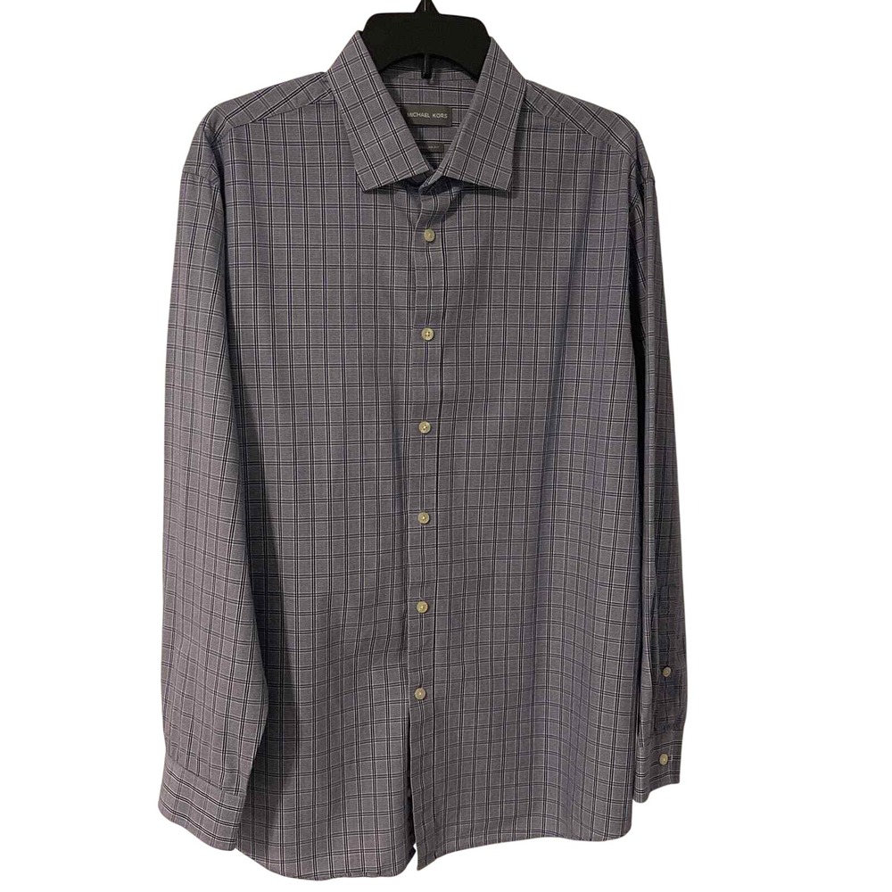 Michael‎ Kors Mens Blue Plaid Regular Fit Dress Shirt XL 17-17.5 34/35 LS